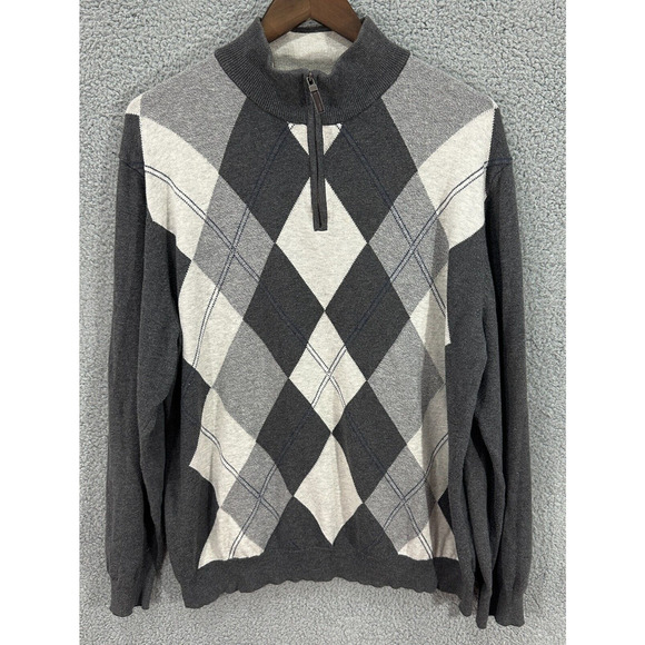 Tasso Elba Sweater Mens‎ XL Gray Argyle Diamond 1/4 Zip Pullover Cotton Grandpa - Picture 1 of 5
